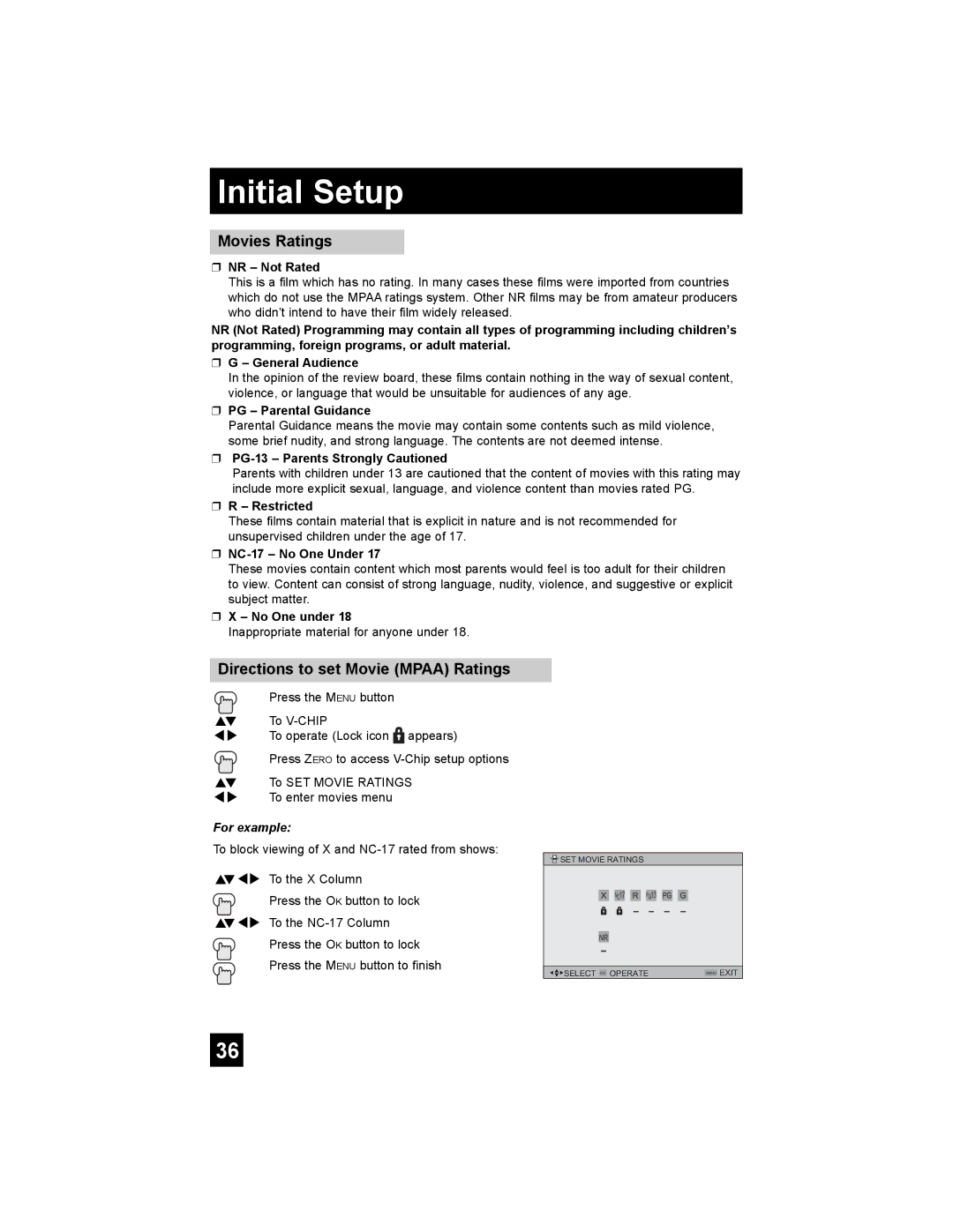 JVC AV 32S776, AV 27S776, AV 30W776 manual Movies Ratings, Directions to set Movie Mpaa Ratings 