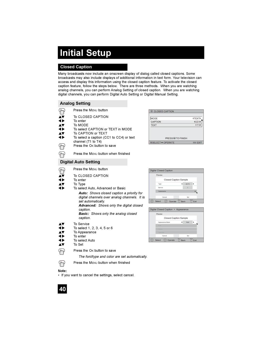 JVC AV 32S776, AV 27S776, AV 30W776 manual Closed Caption, Analog Setting, Digital Auto Setting 