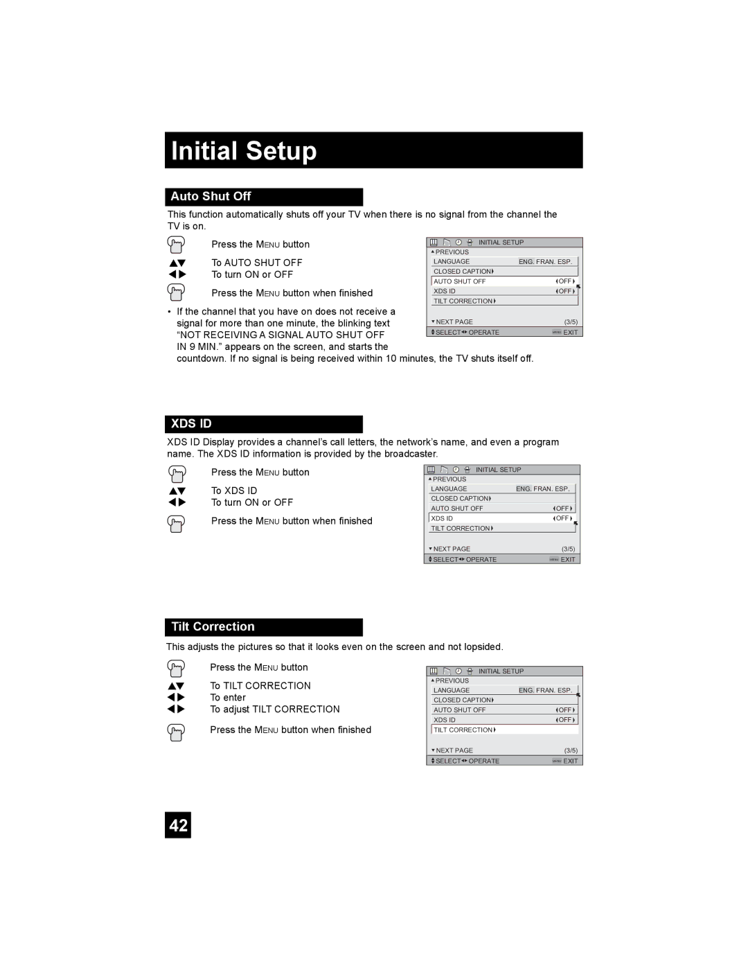 JVC AV 30W776, AV 32S776, AV 27S776 manual Auto Shut Off, Tilt Correction, Not Receiving a Signal Auto Shut OFF 