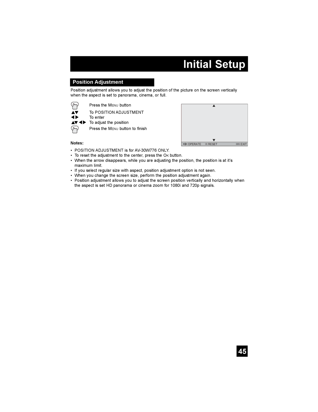 JVC AV 27S776, AV 32S776, AV 30W776, AV-32S776, AV-32S766, AV-30W776, AV-27S776 manual Position Adjustment 