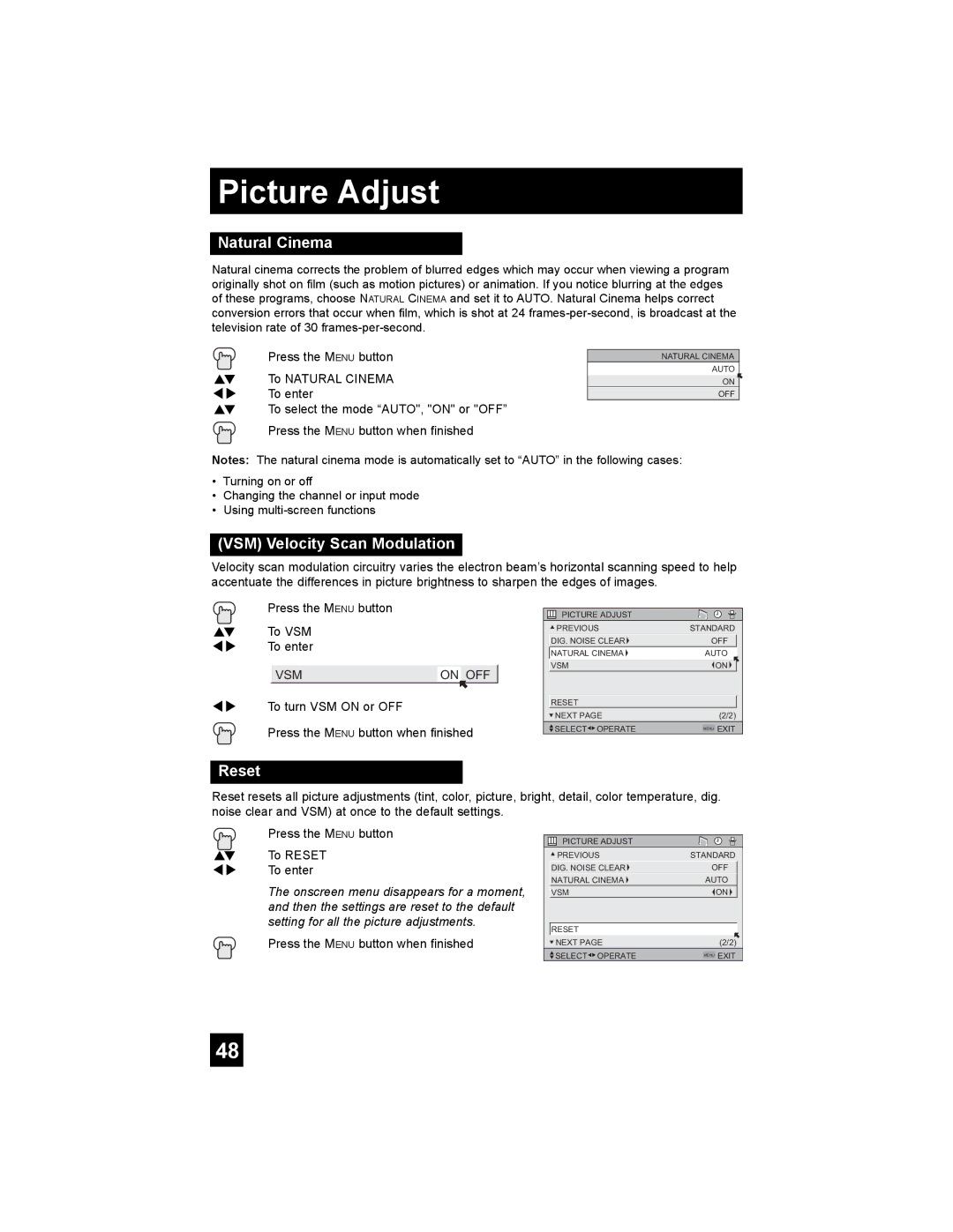 JVC AV 32S776, AV 27S776, AV 30W776 manual Natural Cinema, VSM Velocity Scan Modulation, Reset, VSM On OFF 