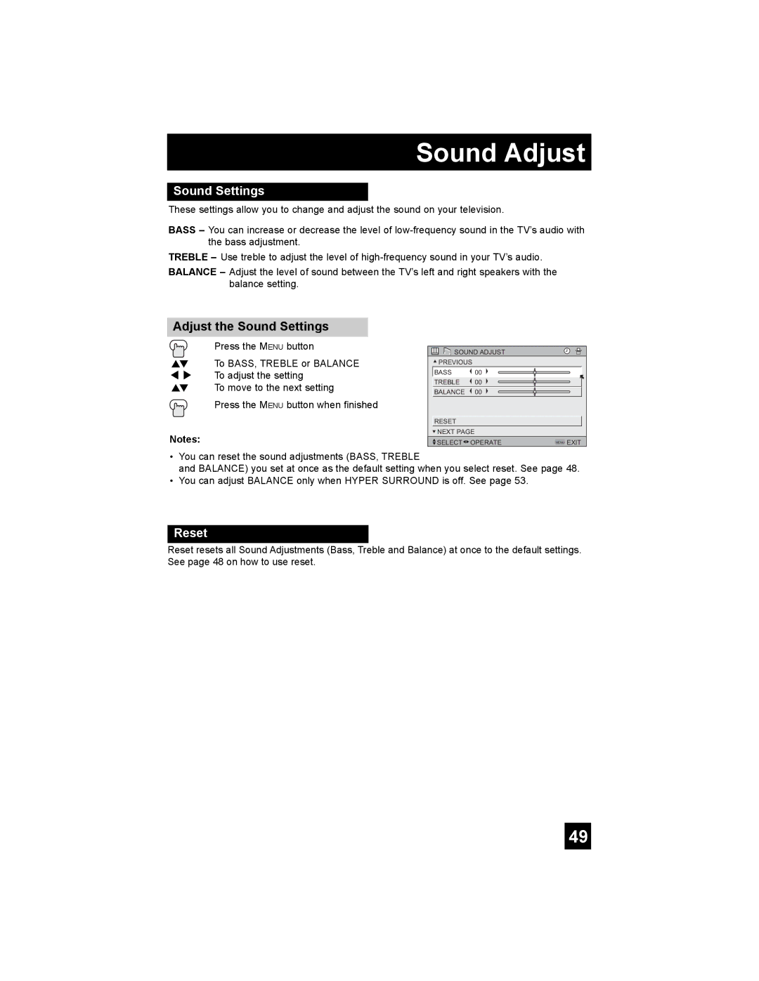 JVC AV 27S776, AV 32S776, AV 30W776, AV-32S776, AV-32S766, AV-30W776, AV-27S776 Sound Adjust, Adjust the Sound Settings 