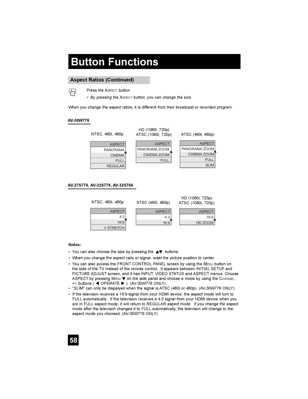 JVC AV 30W776, AV 32S776, AV 27S776 manual Aspect Ratios, AV-27S776, AV-32S776, AV-32S766 