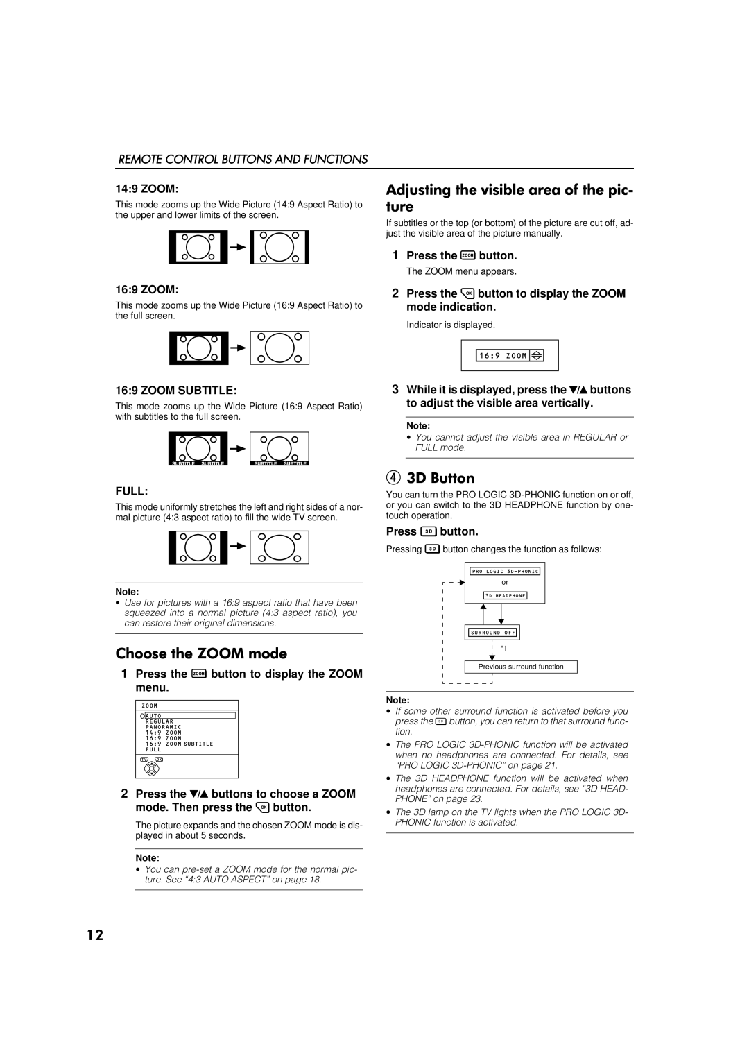 JVC AV-32WFR1EK, AV-28WFR1EK specifications Remote Control Buttons and Functions, Zoom Subtitle, Full 