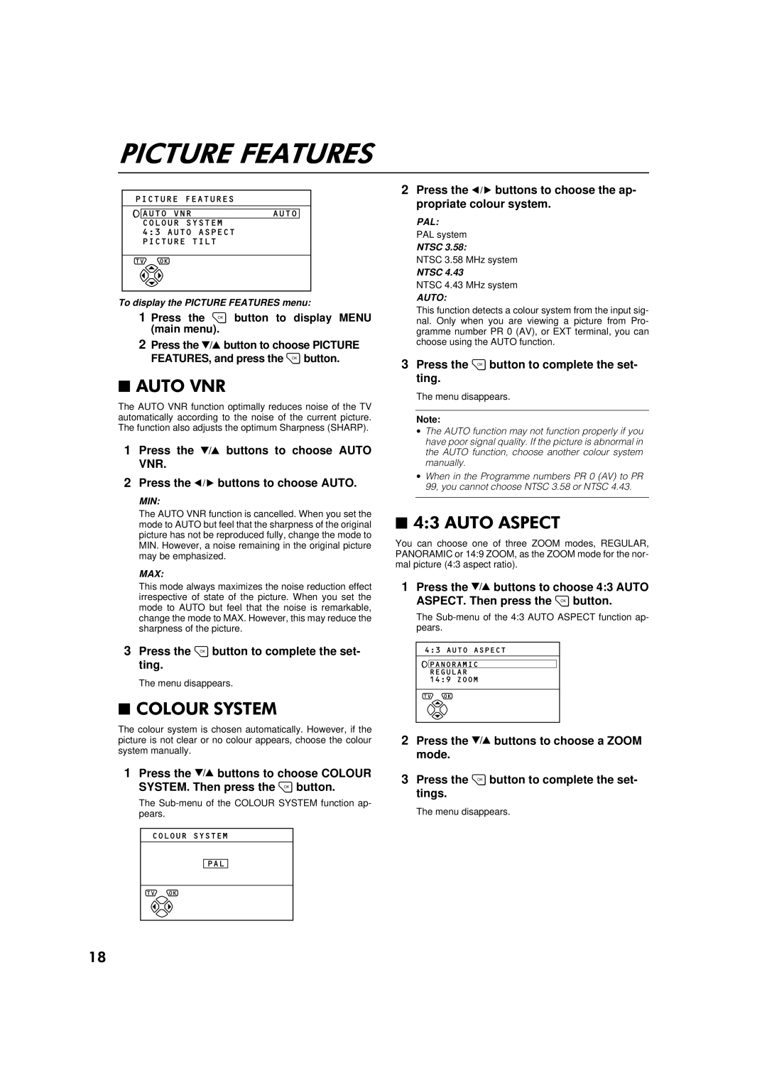 JVC AV-32WFR1EK, AV-28WFR1EK Press the buttons to choose Auto, Vnr, To display the Picture Features menu, Ntsc 