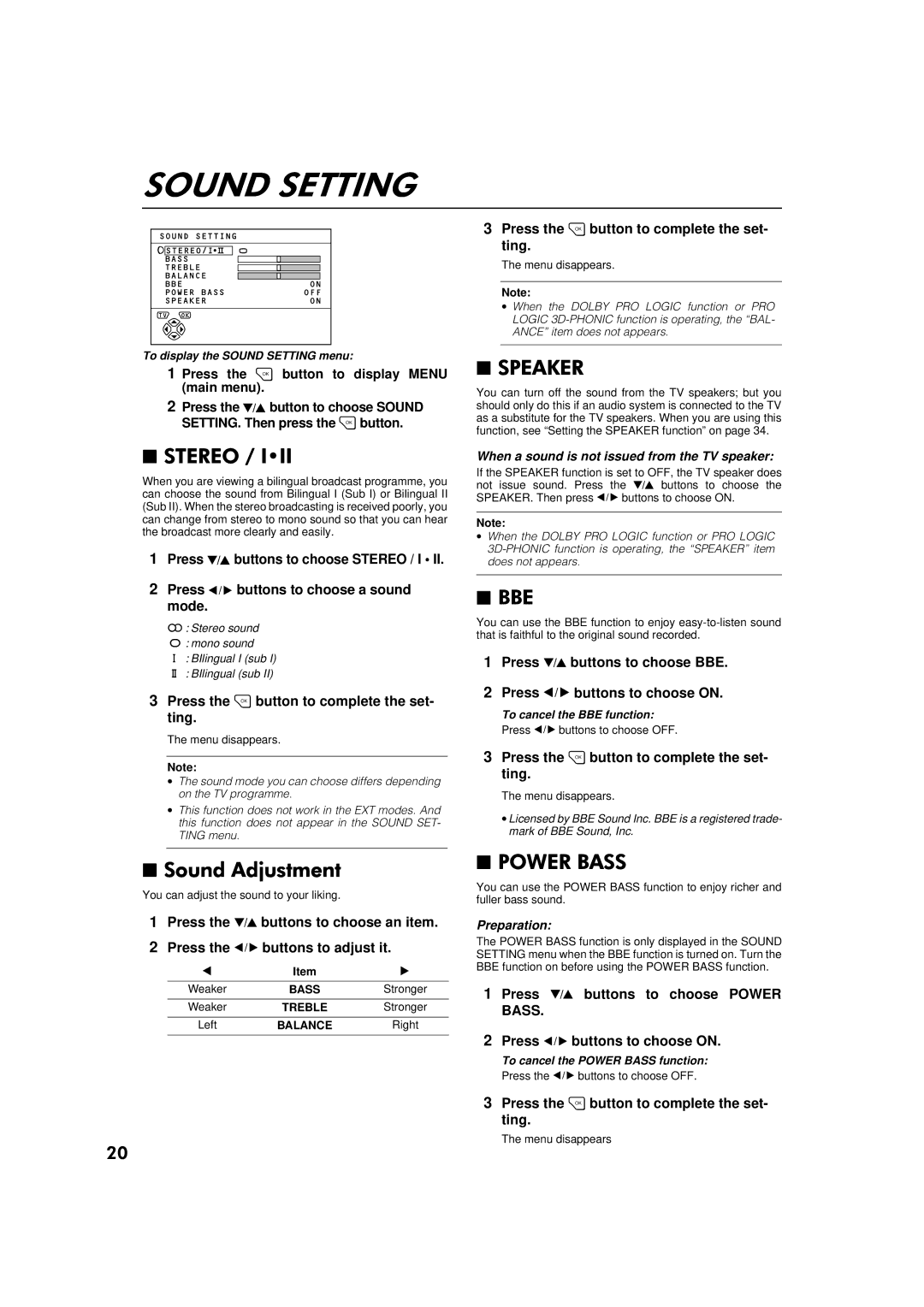 JVC AV-32WFR1EK, AV-28WFR1EK Press buttons to choose BBE Press buttons to choose on, Press buttons to choose Power, Bass 