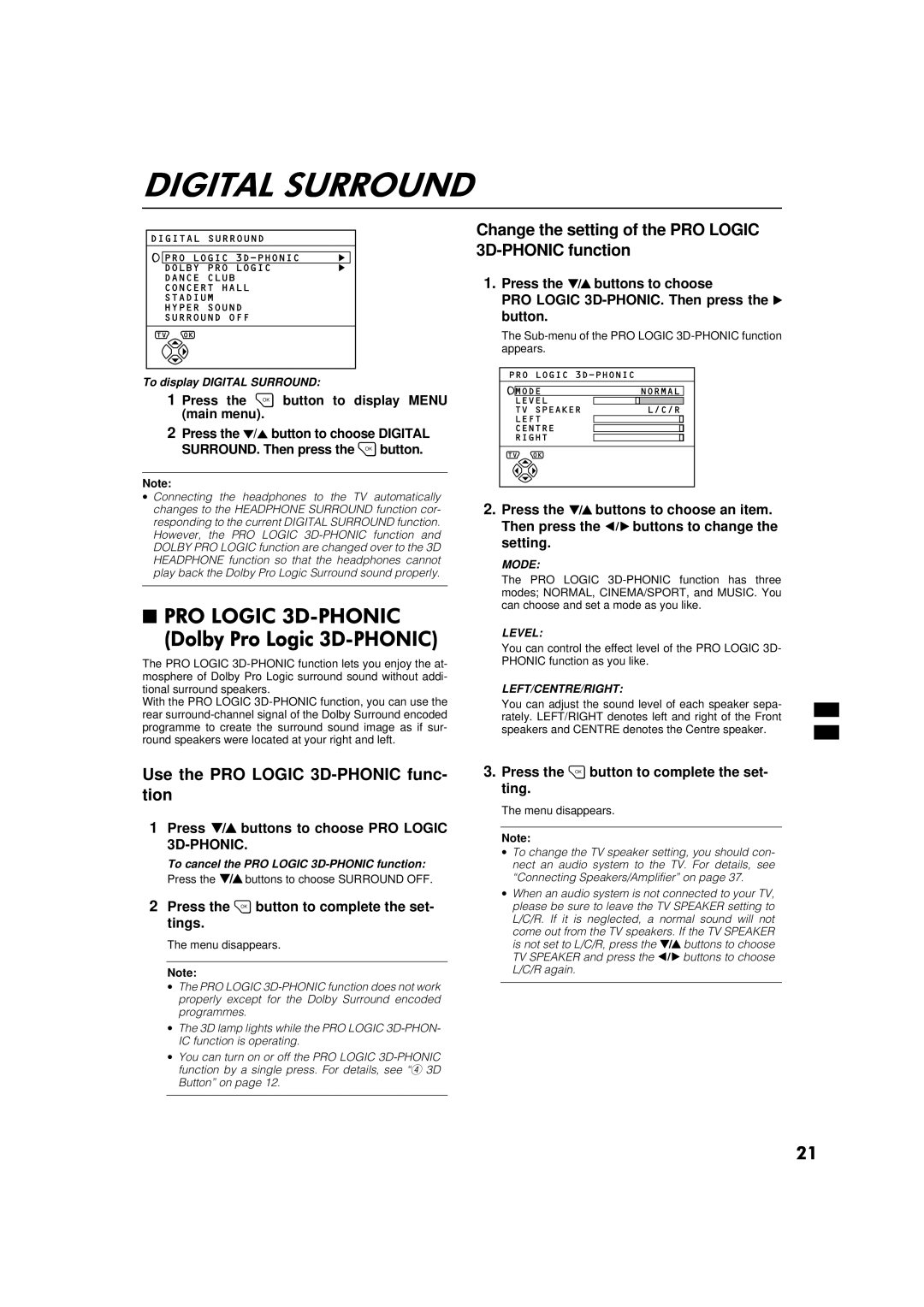 JVC AV-32WFR1EK, AV-28WFR1EK specifications Press buttons to choose PRO Logic 3D-PHONIC, To display Digital Surround 