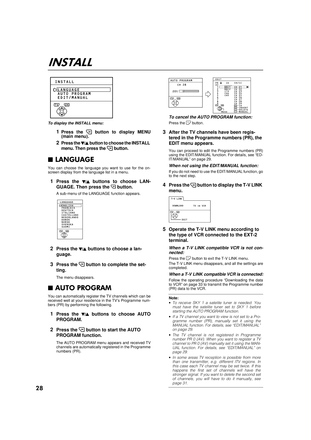 JVC AV-32WFR1EK, AV-28WFR1EK specifications To cancel the Auto Program function, To display the Install menu 