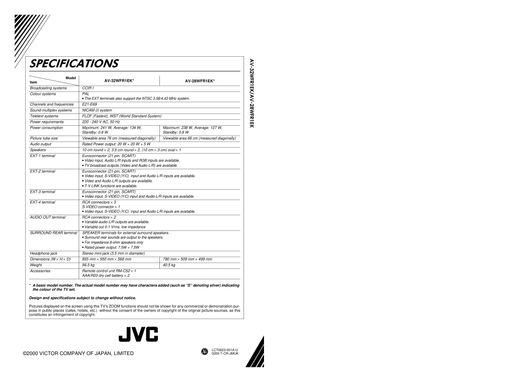 JVC AV-32WFR1EK, AV-28WFR1EK specifications AV-32WFR1EK/AV-28WFR1EK Victor Company of JAPAN, Limited 