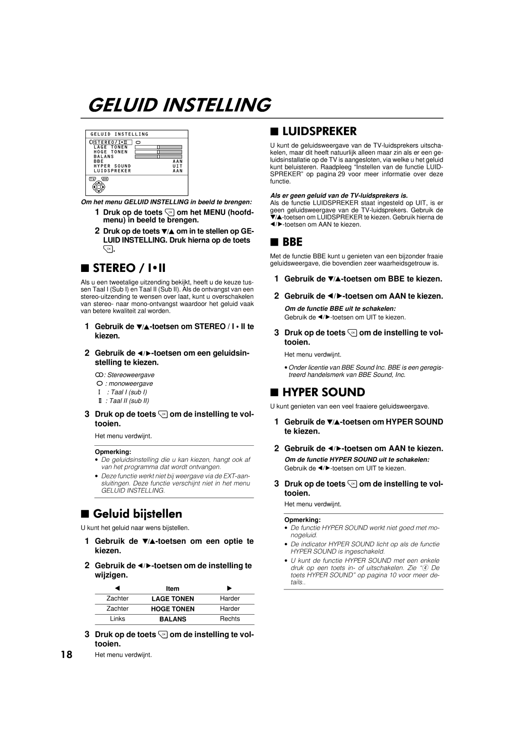 JVC AV-32WFT1EP, AV-28WFT1EP manual Om het menu Geluid Instelling in beeld te brengen, Om de functie BBE uit te schakelen 