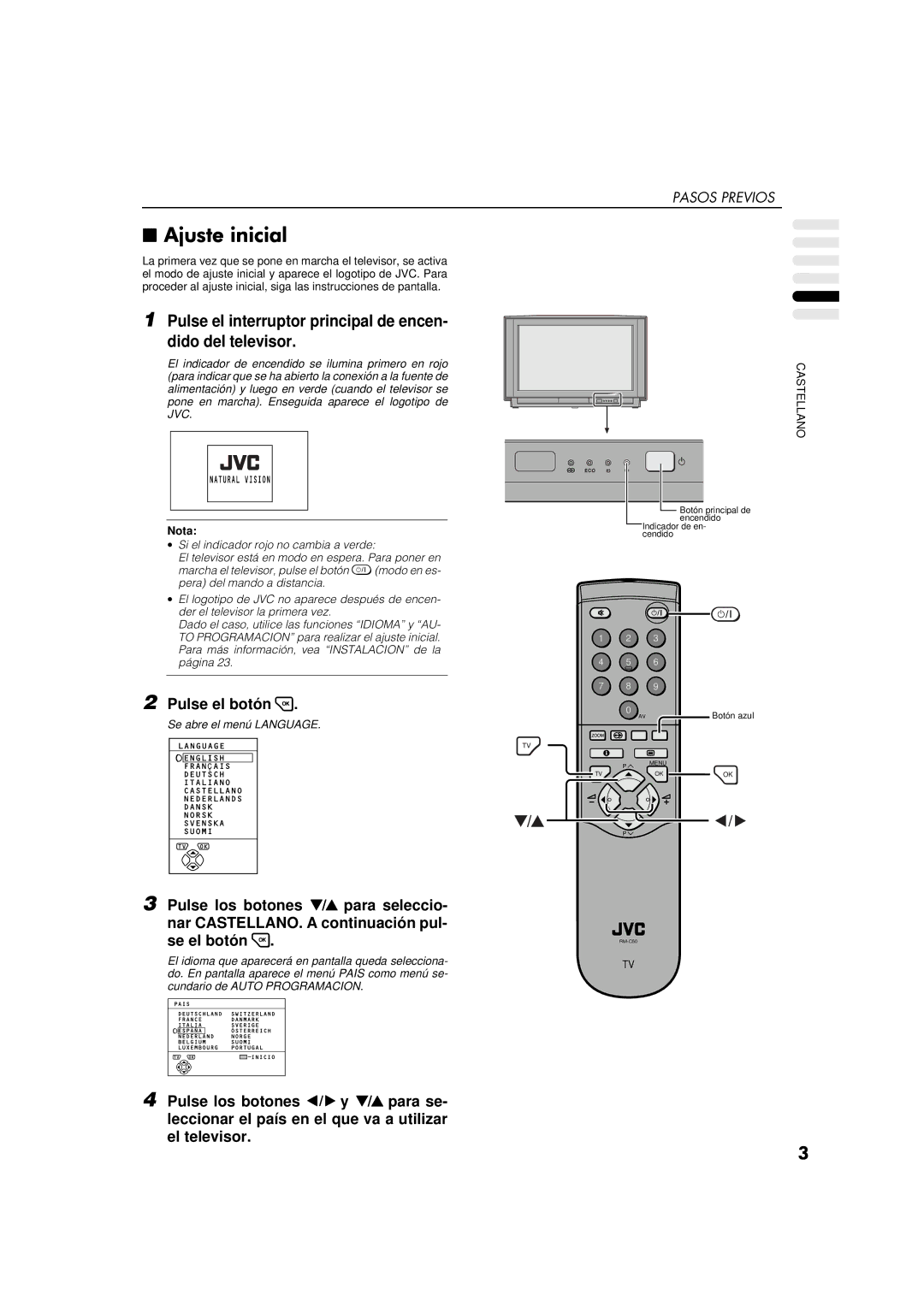 JVC AV-32WFT1EP, AV-28WFT1EP manual Pulse el interruptor principal de encen- dido del televisor, Pasos Previos 