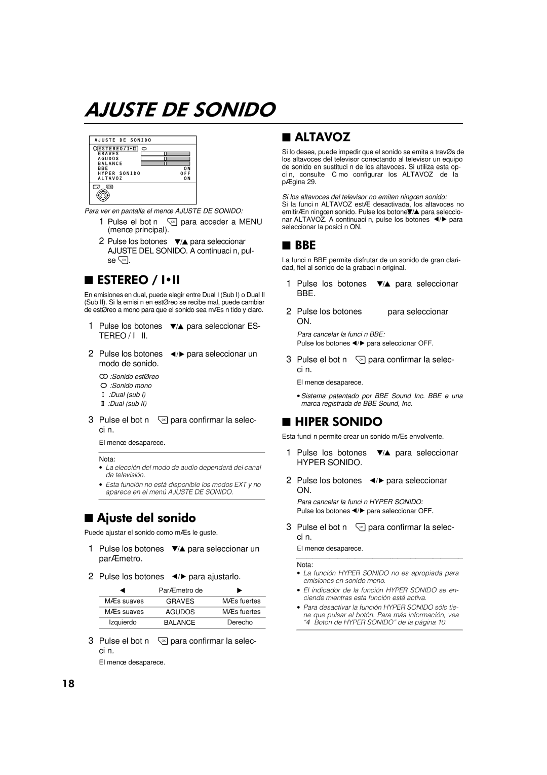 JVC AV-32WFT1EP, AV-28WFT1EP manual Pulse los botones para seleccionar ES, Tereo / I, Bbe, Hyper Sonido 