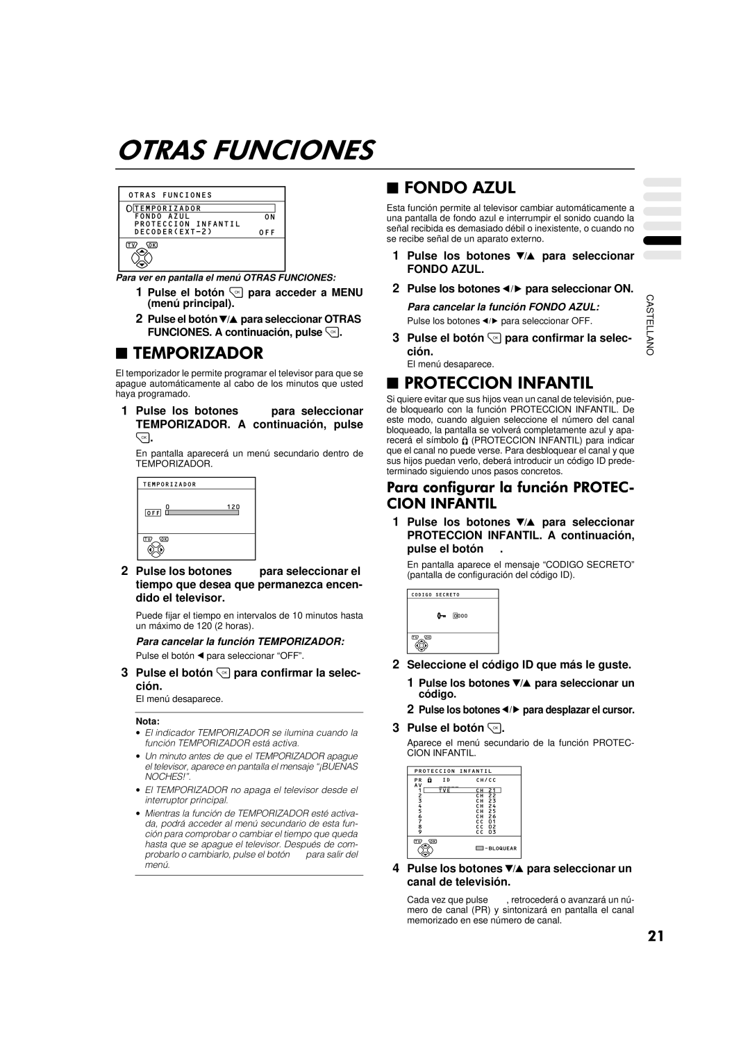 JVC AV-32WFT1EP, AV-28WFT1EP manual Pulse el botón para confirmar la selec Ción, Fondo Azul 