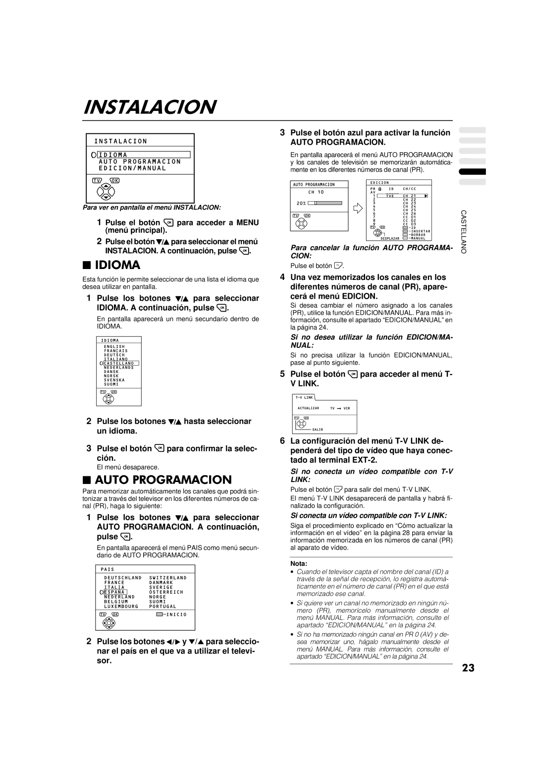 JVC AV-32WFT1EP, AV-28WFT1EP manual Pulse el botón azul para activar la función, Auto Programacion, Link 