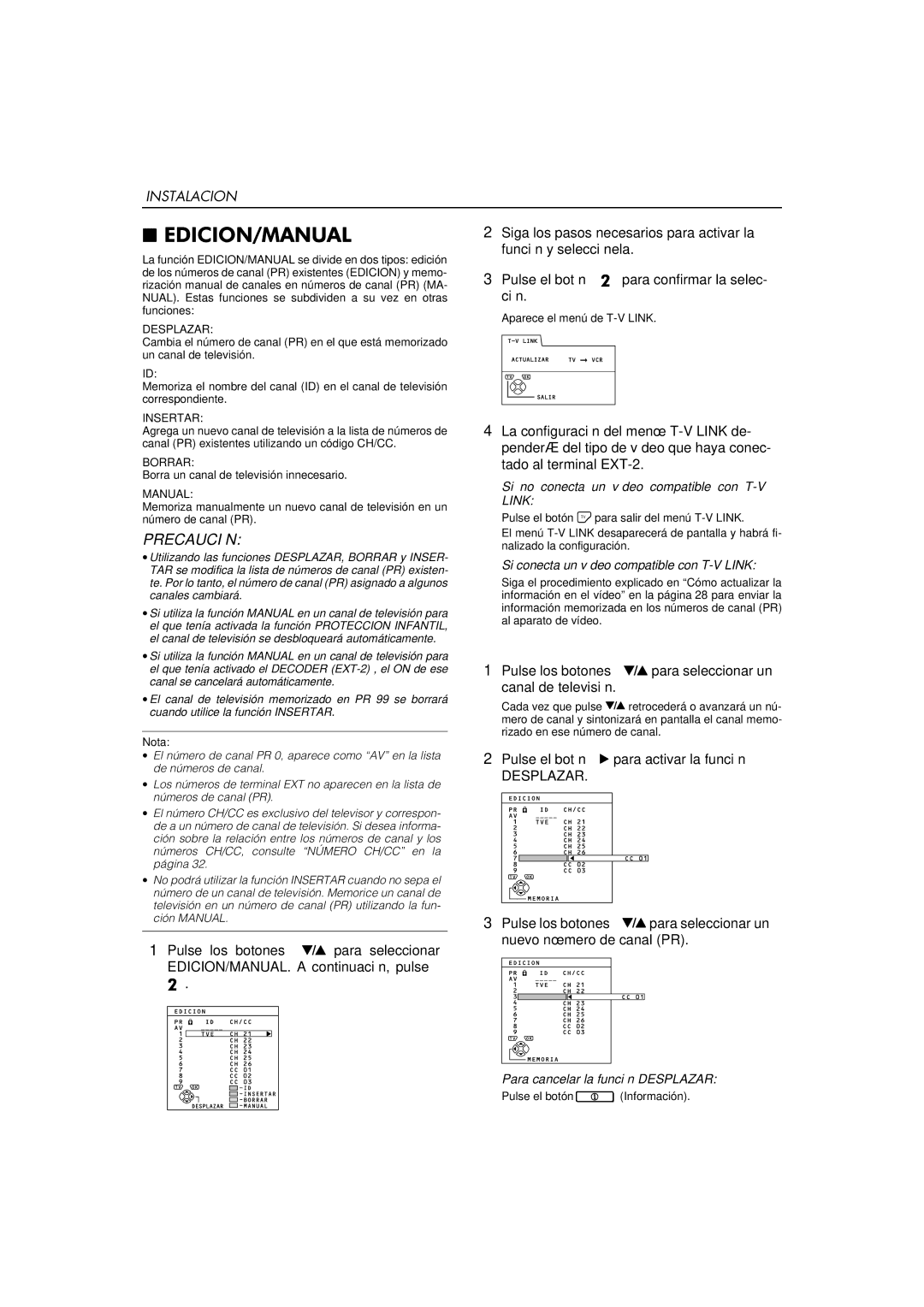 JVC AV-32WFT1EP, AV-28WFT1EP manual Instalacion, Pulse los botones para seleccionar un canal de televisión, Desplazar 