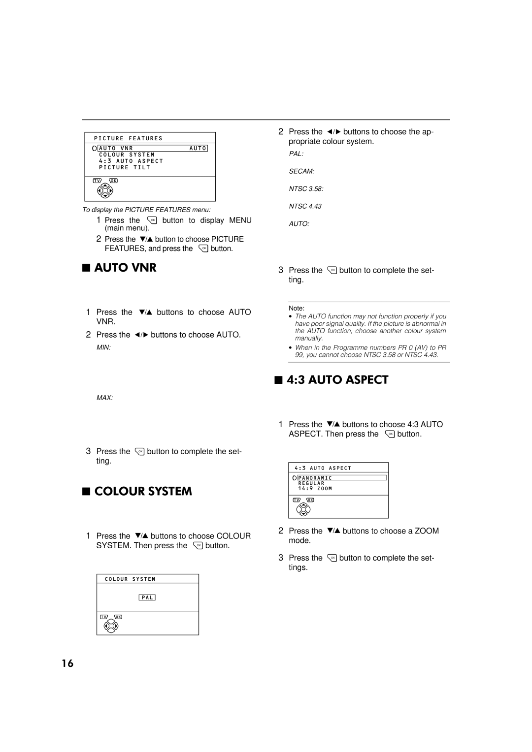 JVC AV-32WFT1EP, AV-28WFT1EP manual Press the buttons to choose Auto, Vnr, To display the Picture Features menu, Ntsc 