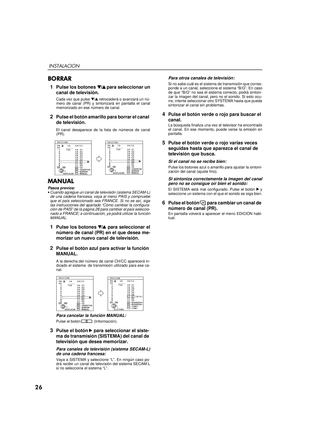 JVC AV-32WFT1EP, AV-28WFT1EP manual Pulse el botón amarillo para borrar el canal de televisión, Manual 