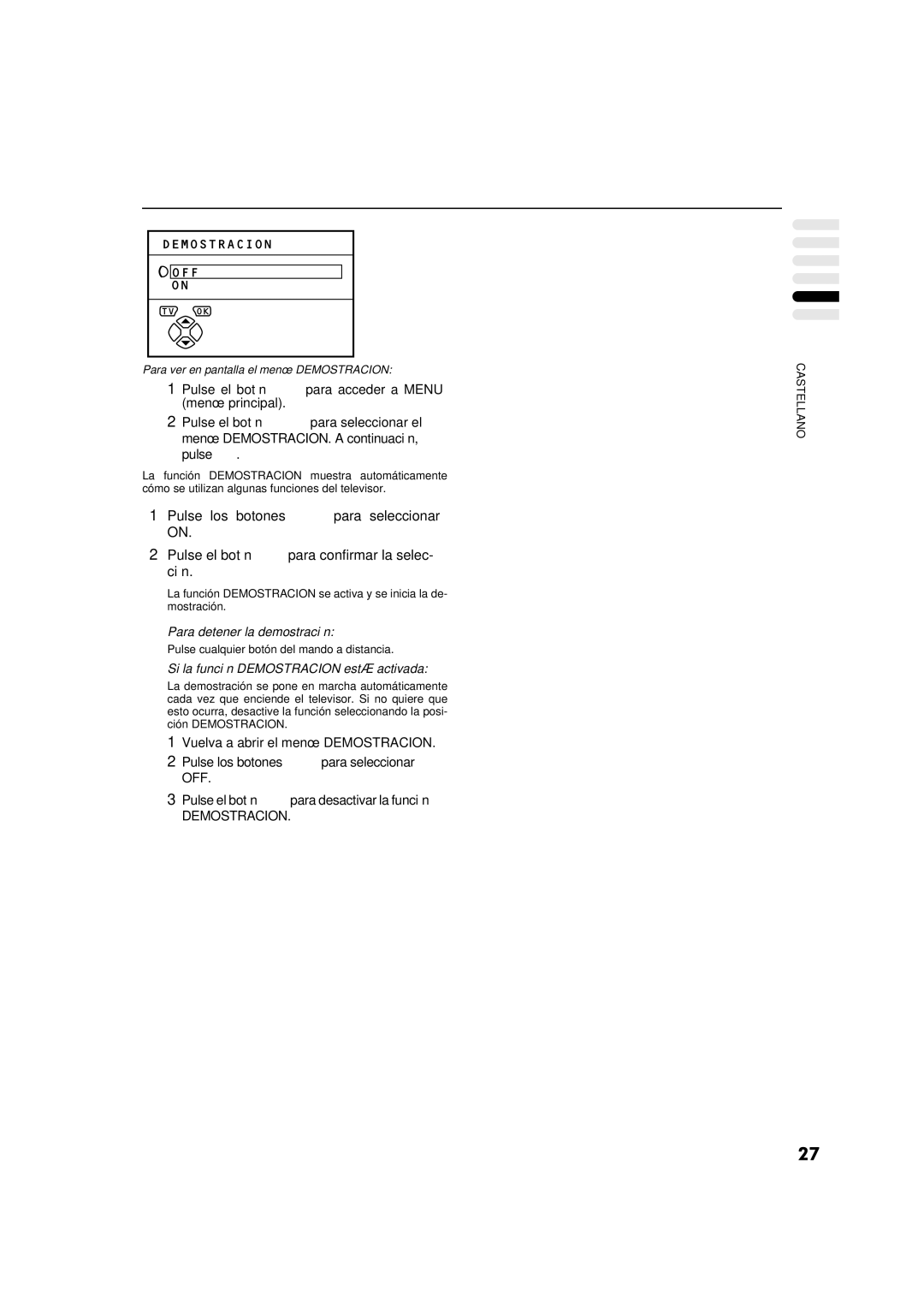 JVC AV-32WFT1EP, AV-28WFT1EP manual Para detener la demostración, Si la función Demostracion está activada 