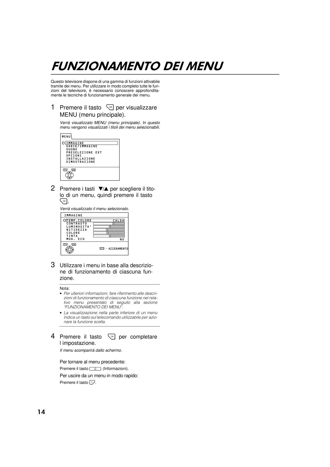 JVC AV-32WFT1EP, AV-28WFT1EP manual Premere il tasto per visualizzare Menu menu principale, Funzionamento DEI Menu 