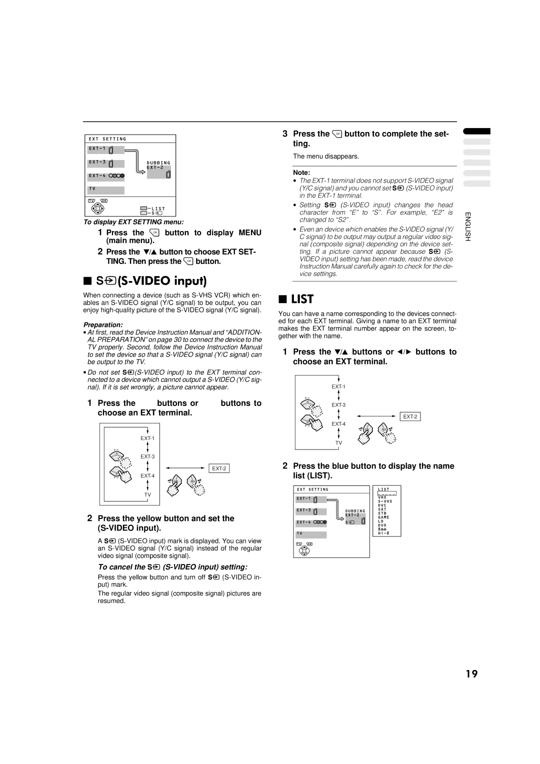 JVC AV-32WFT1EP, AV-28WFT1EP Press the buttons or buttons to choose an EXT terminal, To cancel the S-VIDEO input setting 