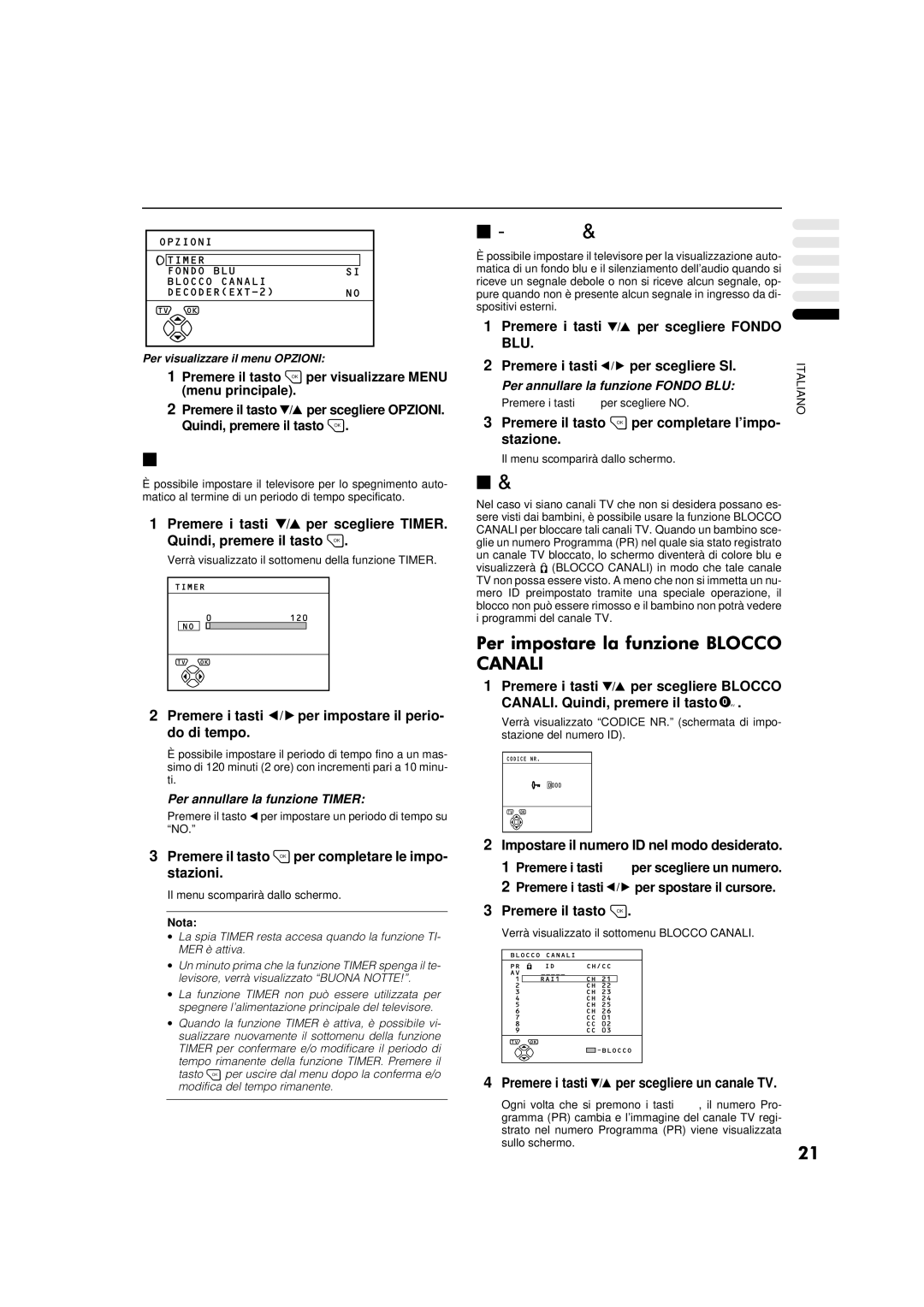 JVC AV-32WFT1EP, AV-28WFT1EP Premere i tasti per scegliere Fondo, Blu, Premere i tasti per impostare il perio- do di tempo 