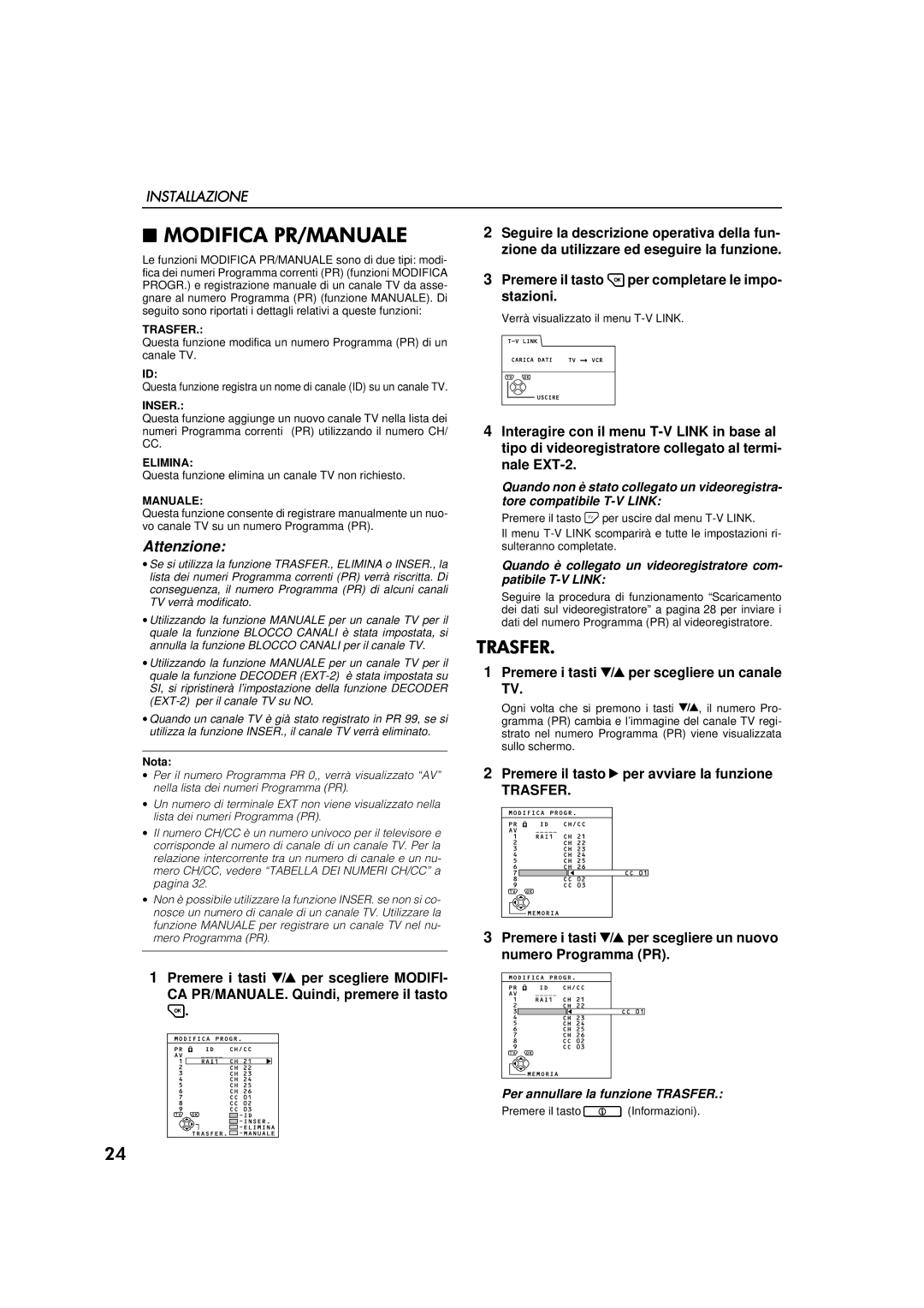 JVC AV-32WFT1EP, AV-28WFT1EP manual Installazione, Premere il tasto per avviare la funzione, Trasfer 