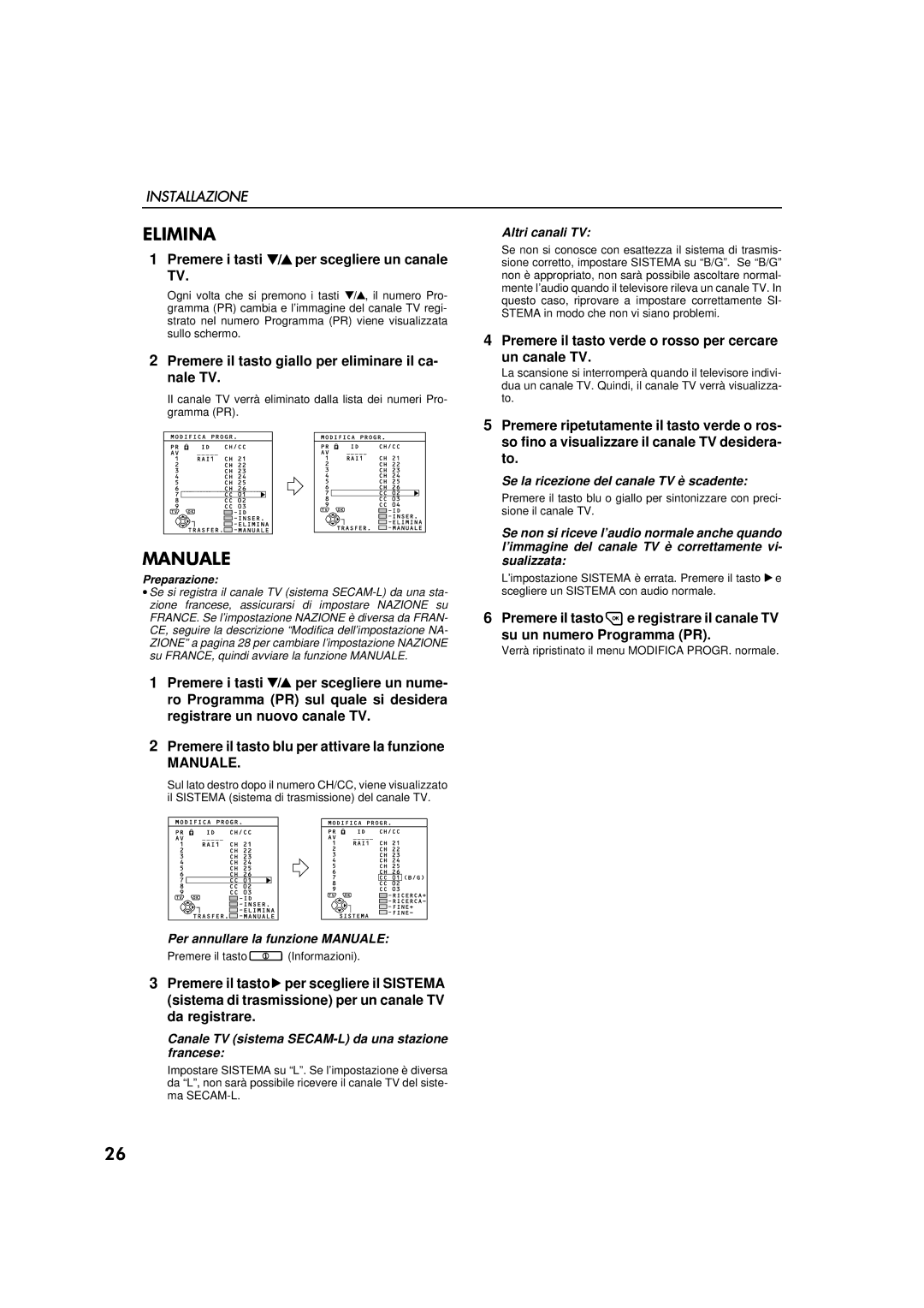 JVC AV-32WFT1EP, AV-28WFT1EP manual Premere il tasto giallo per eliminare il ca- nale TV, Manuale 