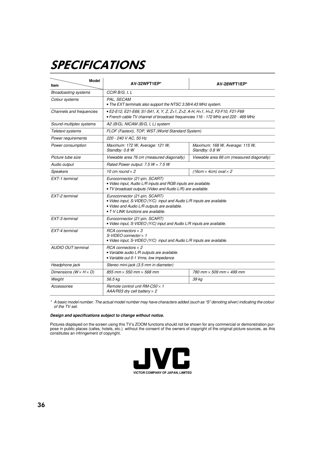 JVC AV-32WFT1EP, AV-28WFT1EP manual AV-32WFT1EP AV-28WFT1EP, Design and specifications subject to change without notice 