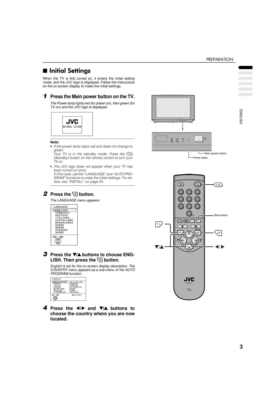 JVC AV-32WFT1EP, AV-28WFT1EP manual Press the Main power button on the TV, Preparation 