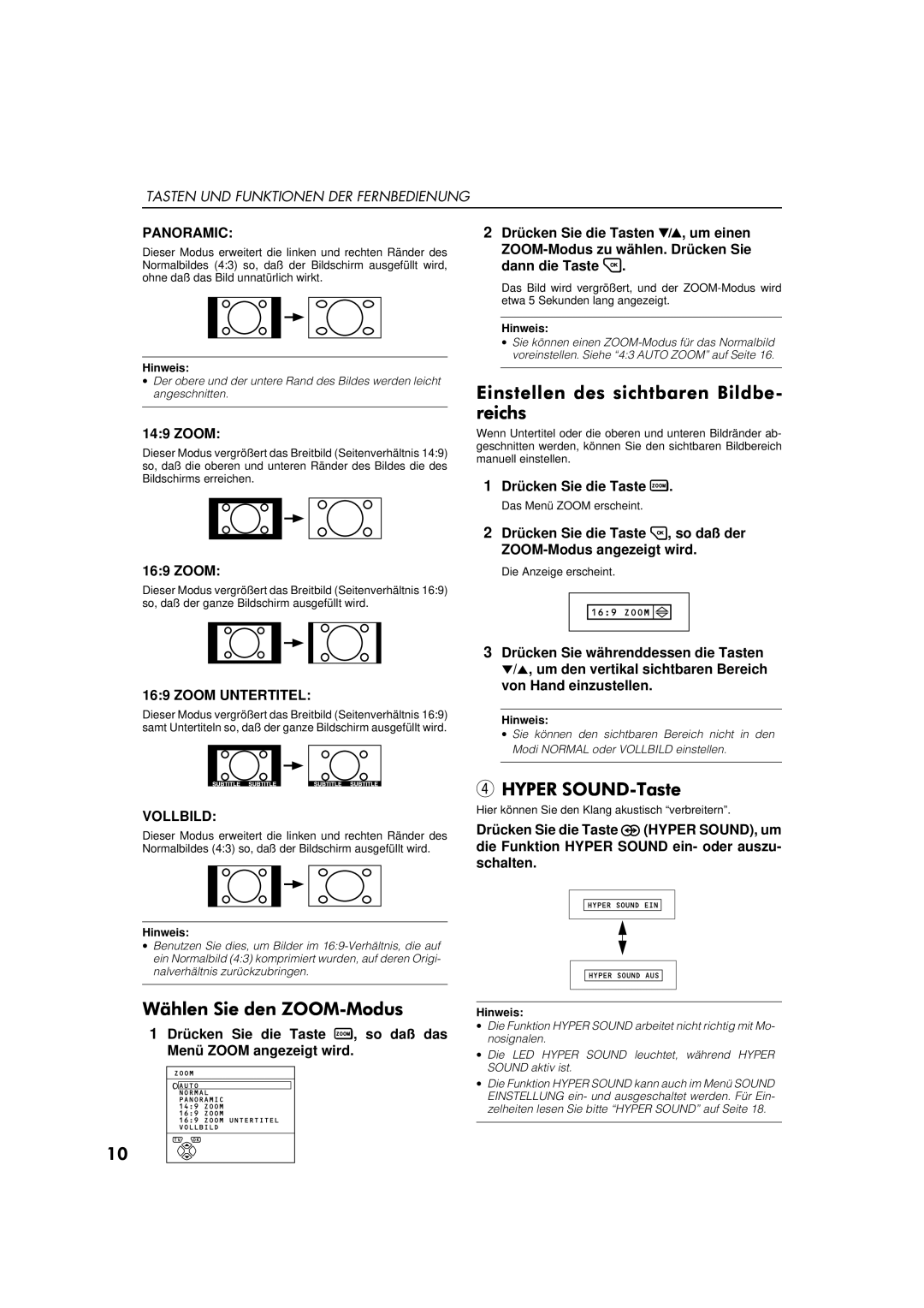 JVC AV-32WFT1EP, AV-28WFT1EP Tasten UND Funktionen DER Fernbedienung, Drücken Sie die Taste, Zoom Untertitel, Vollbild 