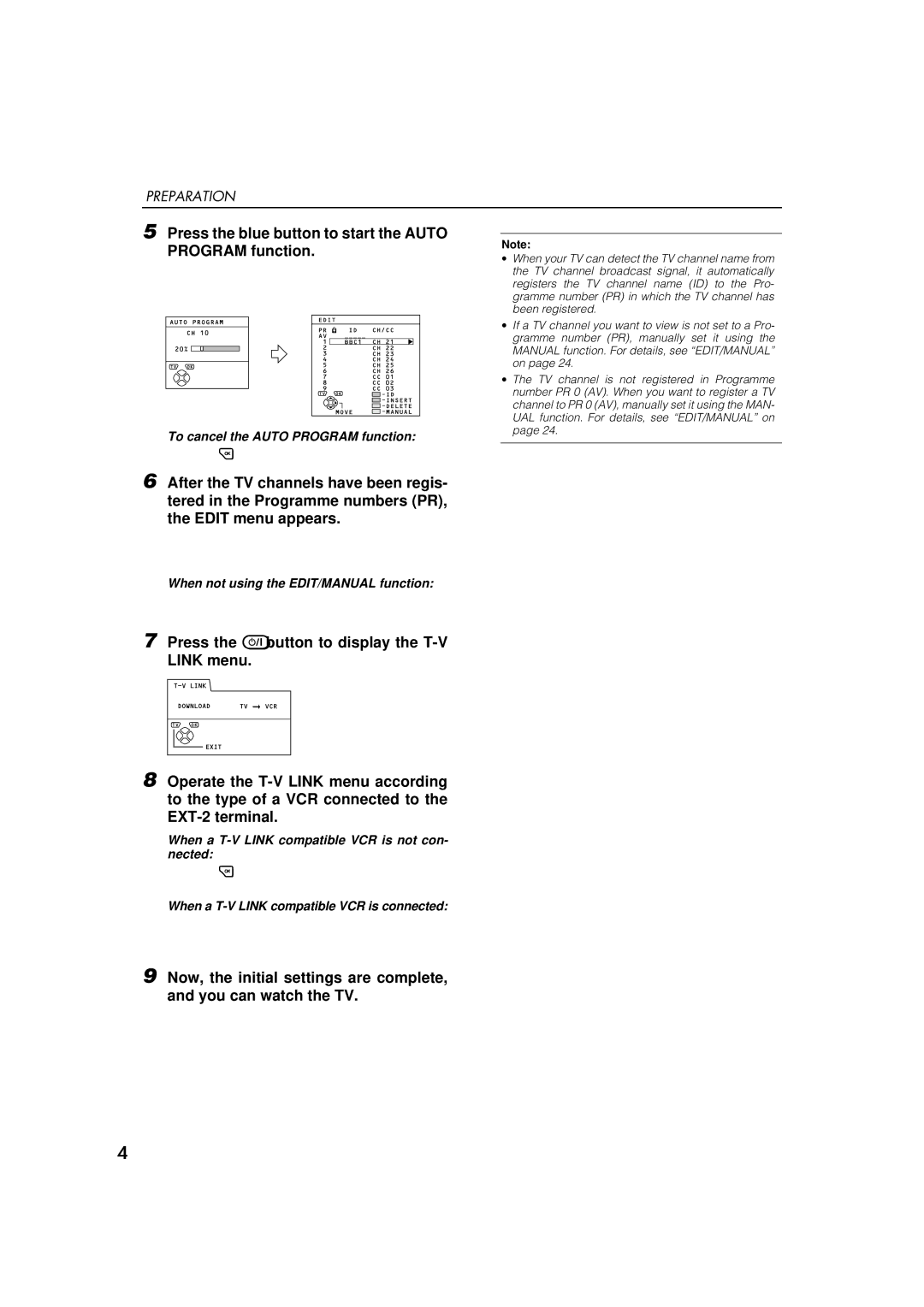 JVC AV-32WFT1EP, AV-28WFT1EP manual To cancel the Auto Program function, When not using the EDIT/MANUAL function 