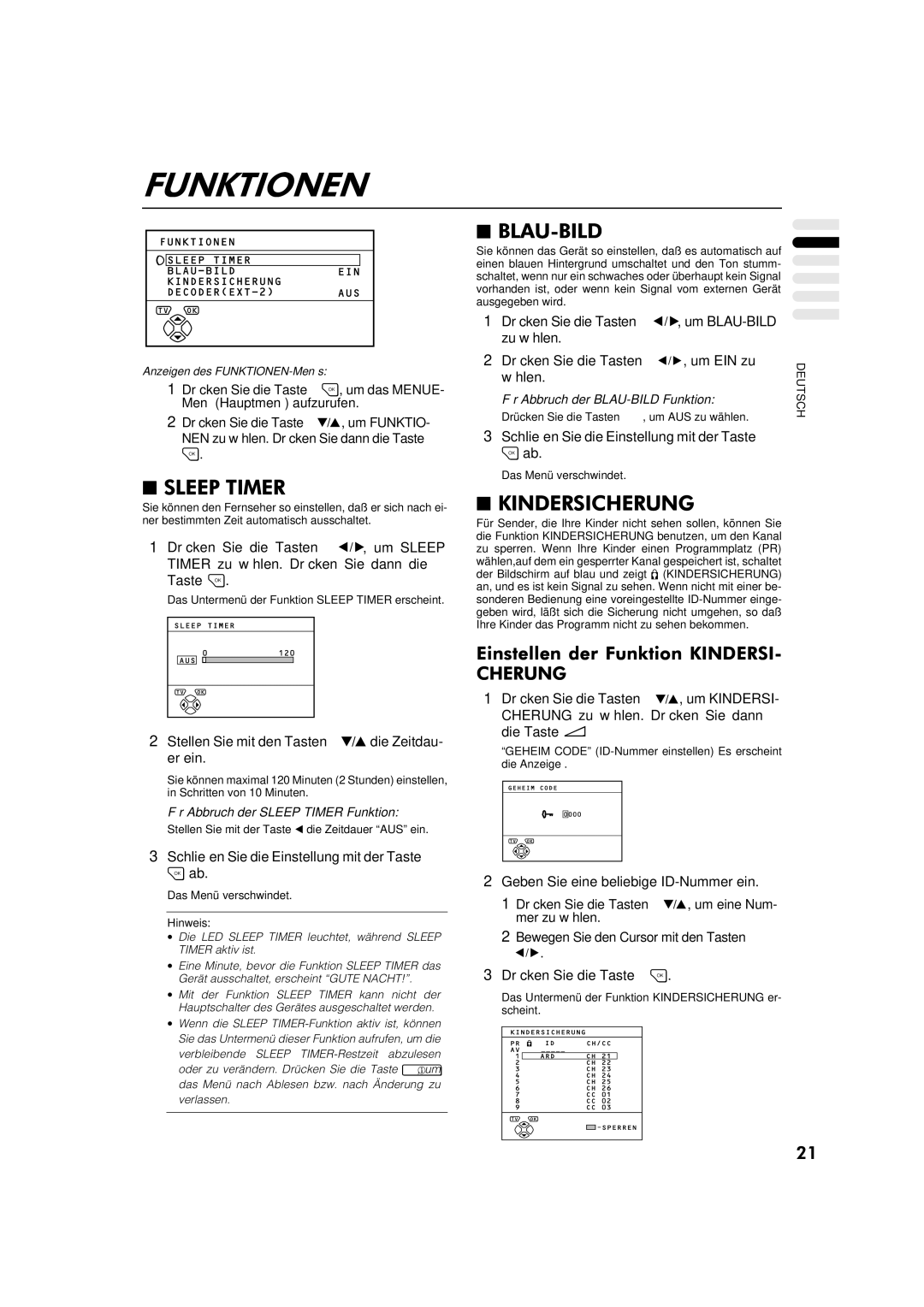 JVC AV-32WFT1EP, AV-28WFT1EP Stellen Sie mit den Tasten die Zeitdau- er ein, Wählen, Für Abbruch der Sleep Timer Funktion 