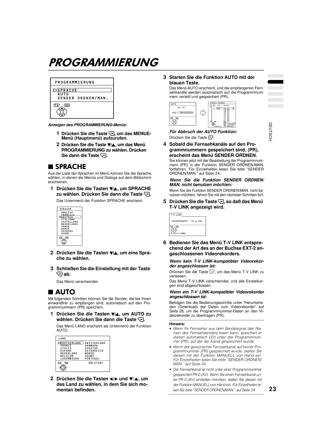 JVC AV-32WFT1EP, AV-28WFT1EP manual Für Abbruch der Auto Funktion, Anzeigen des PROGRAMMIERUNG-Menüs 