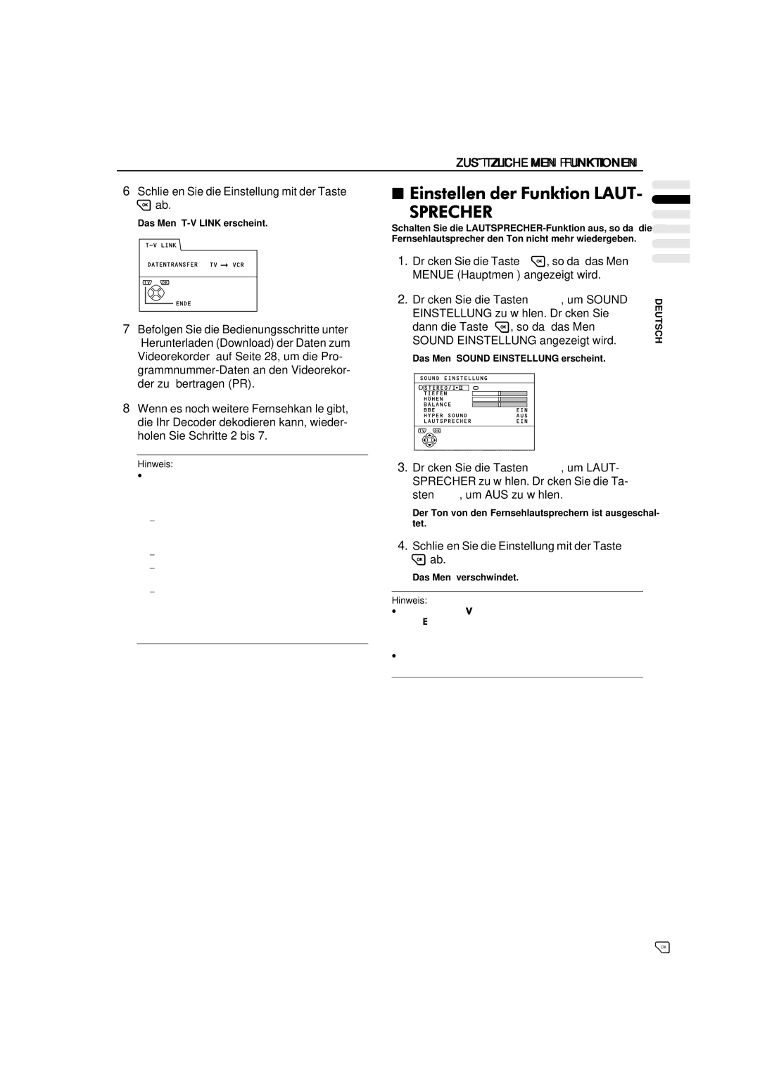 JVC AV-32WFT1EP, AV-28WFT1EP manual Zusätzliche Menüfunktionen, Einstellung zu wählen. Drücken Sie 