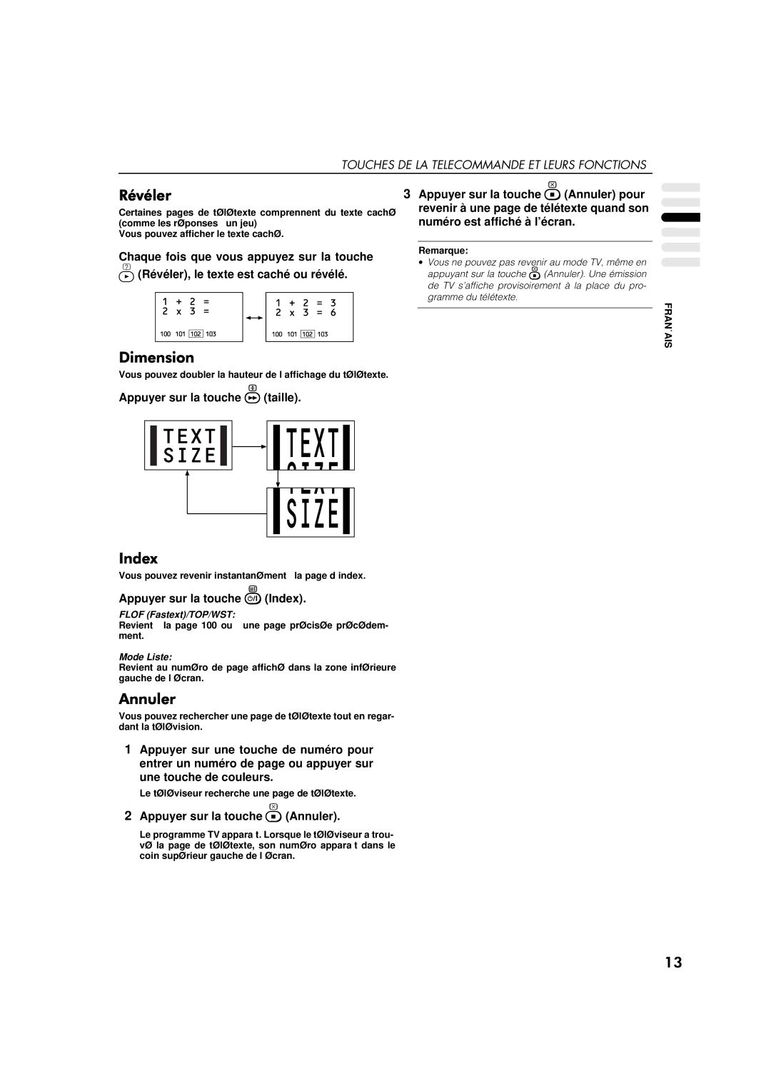 JVC AV-32WFT1EP, AV-28WFT1EP manual Numéro est affiché à l’écran, Appuyer sur la touche taille, Appuyer sur la touche Index 