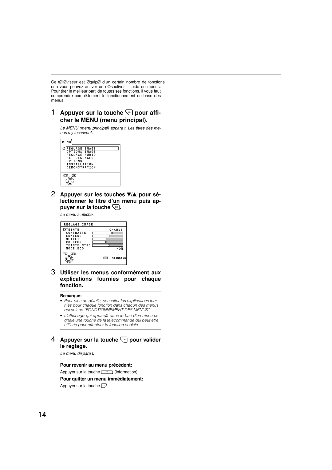 JVC AV-32WFT1EP, AV-28WFT1EP manual Appuyer sur la touche pour affi- cher le Menu menu principal 