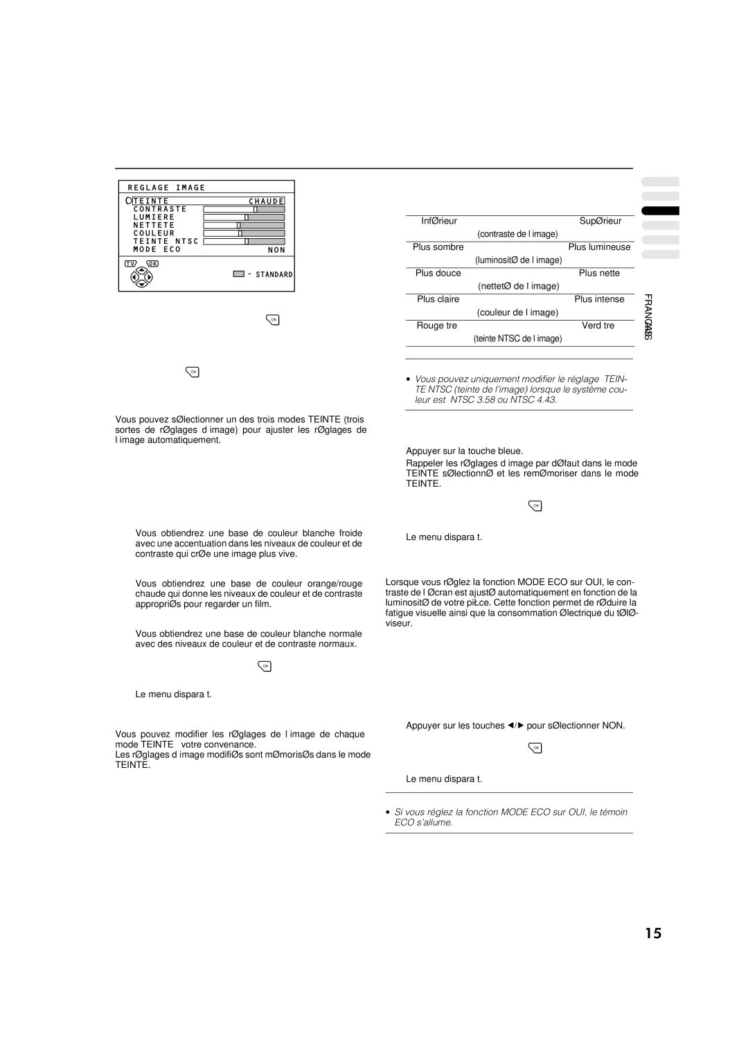 JVC AV-32WFT1EP, AV-28WFT1EP manual Appuyer sur la touche pour valider le réglage, Pour afficher le menu Reglage Image 