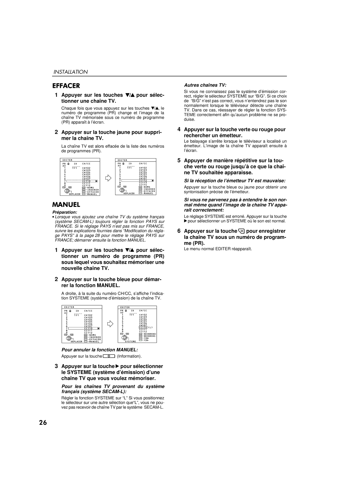 JVC AV-32WFT1EP, AV-28WFT1EP Appuyer sur la touche jaune pour suppri- mer la chaîne TV, Pour annuler la fonction Manuel 