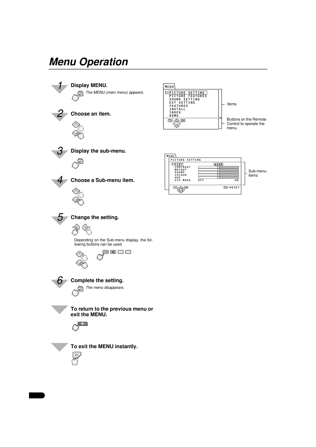 JVC AV-32WFX1EU, AV-28WFX1EU, AV-28WFX1EU, AV-32WFX1EU specifications Menu Operation 