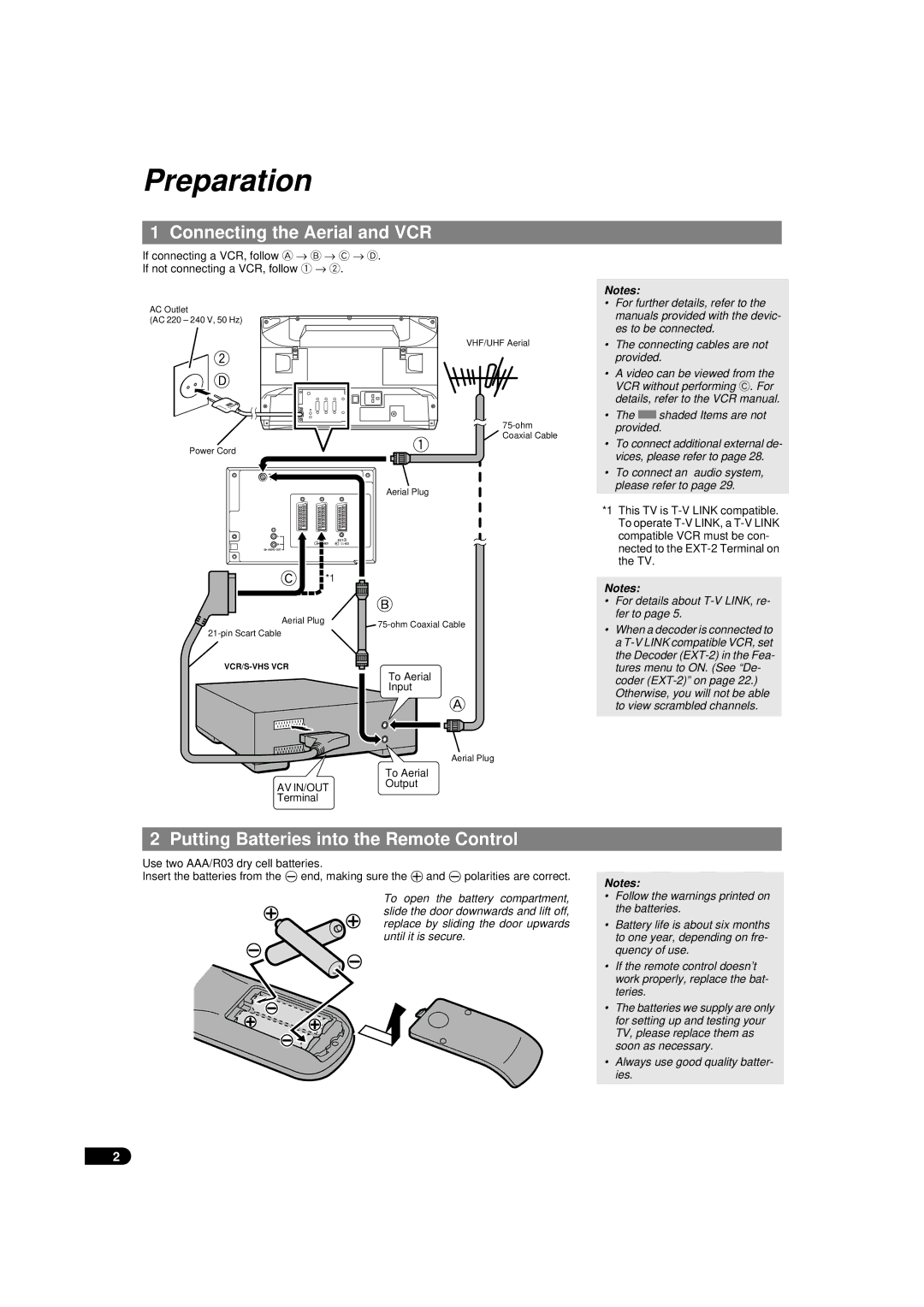 JVC AV-32WFX1EU, AV-28WFX1EU Preparation, Connecting the Aerial and VCR, Putting Batteries into the Remote Control 