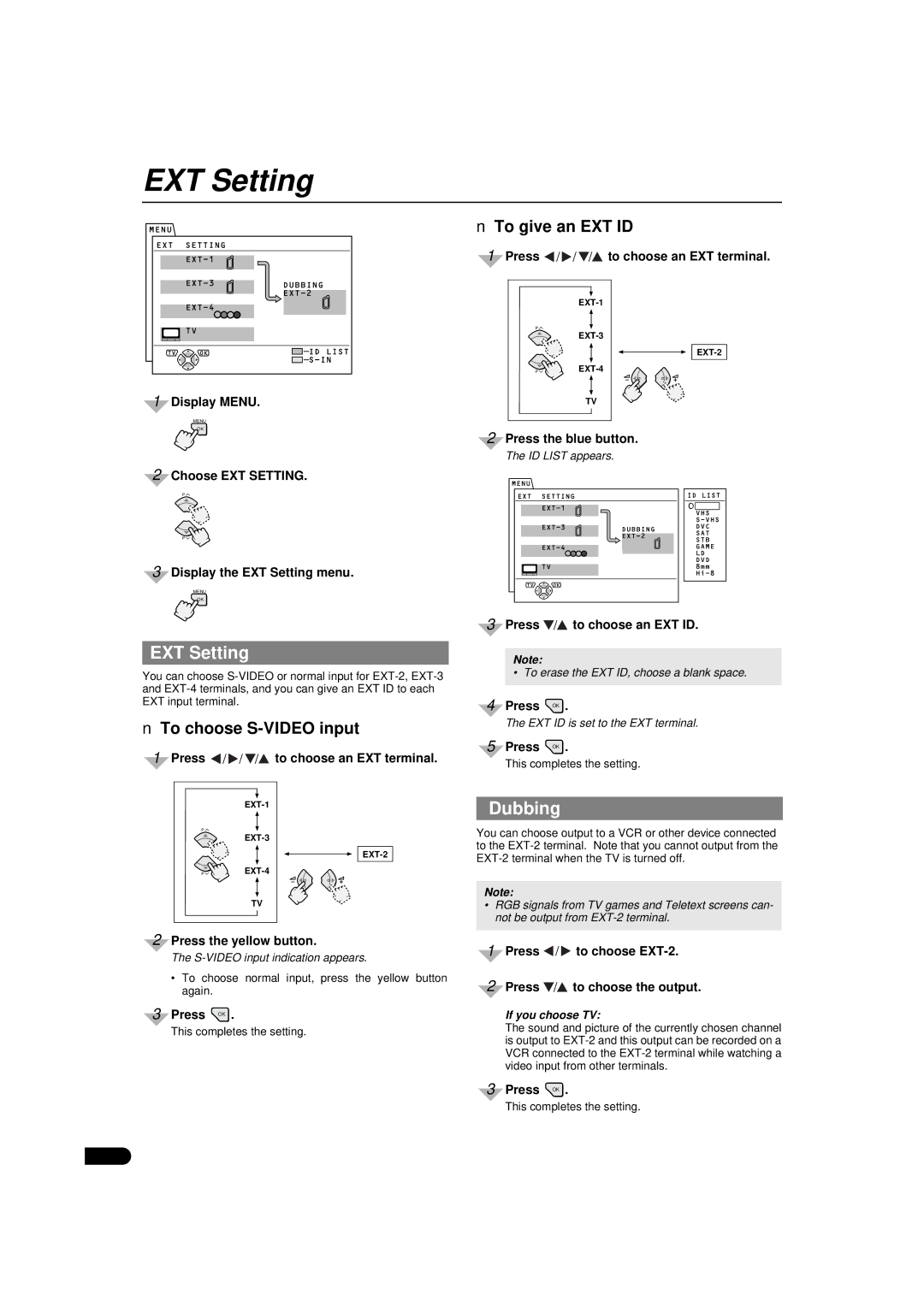 JVC AV-32WFX1EU, AV-28WFX1EU, AV-28WFX1EU, AV-32WFX1EU EXT Setting, Dubbing, To choose S-VIDEO input, To give an EXT ID 