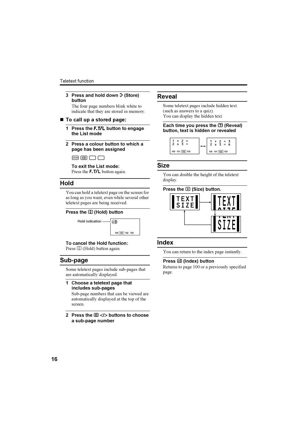 JVC AV-32X4BA manual Hold, Sub-page, Reveal, Size, Index 