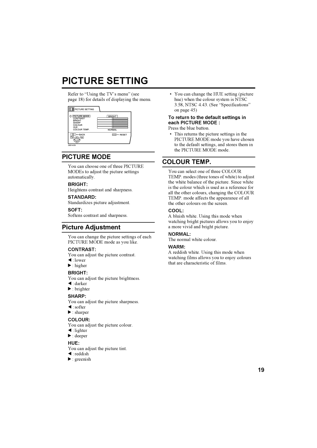 JVC AV-32X4BA manual Picture Mode, Picture Adjustment, Colour Temp 