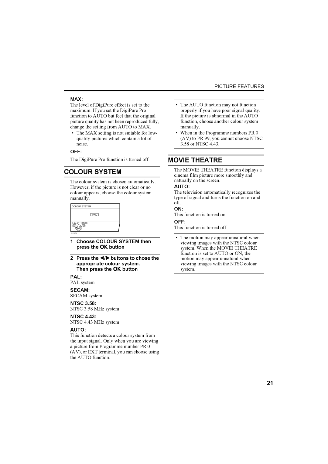 JVC AV-32X4BA manual Colour System, Movie Theatre, Pal, Secam, Ntsc 