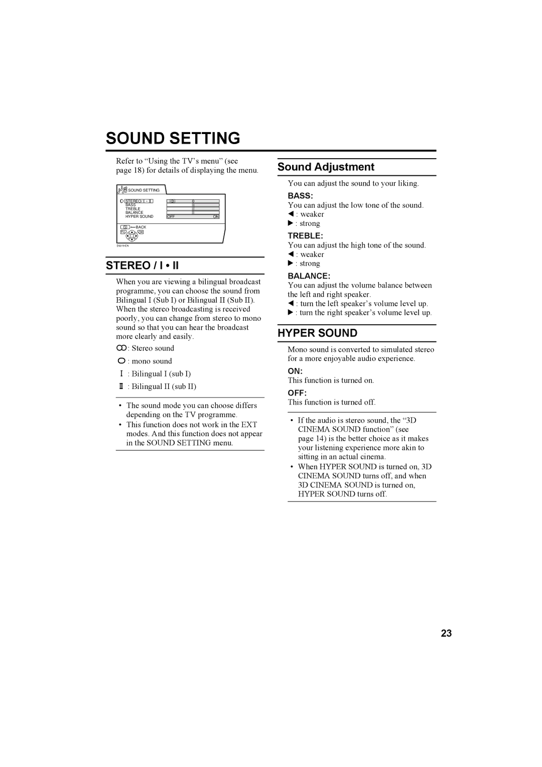 JVC AV-32X4BA manual Stereo / I, Sound Adjustment, Hyper Sound 