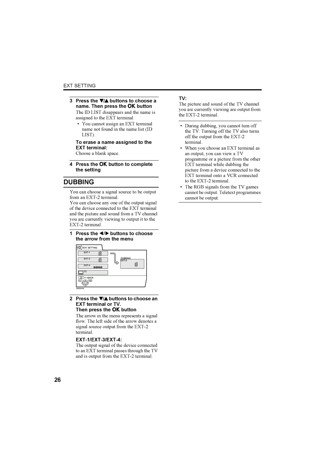 JVC AV-32X4BA Dubbing, To erase a name assigned to the EXT terminal, Press the 5 buttons to choose, Arrow from the menu 