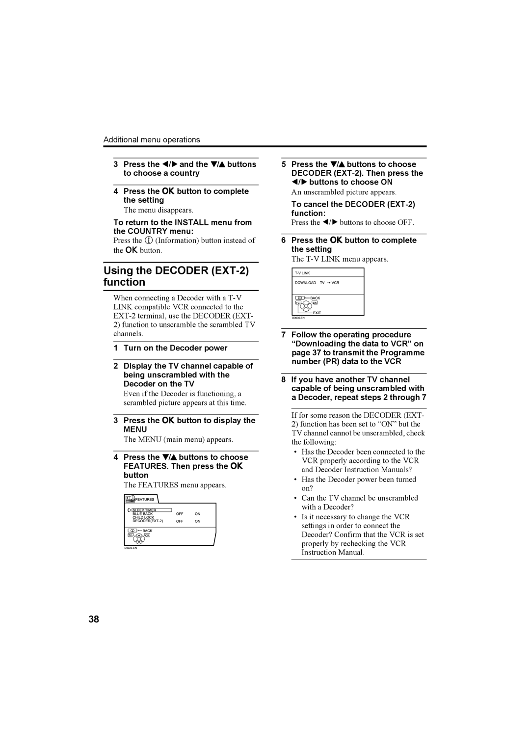 JVC AV-32X4BA manual Using the Decoder EXT-2 function, To return to the Install menu from the Country menu, Menu 