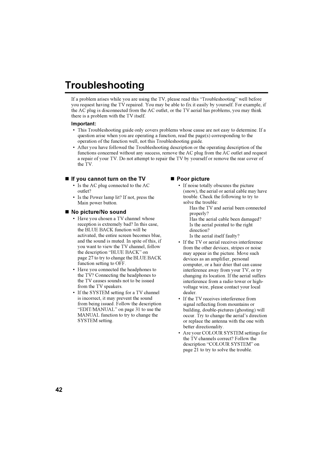 JVC AV-32X4BA manual Troubleshooting, „ If you cannot turn on the TV, „ No picture/No sound, „ Poor picture 