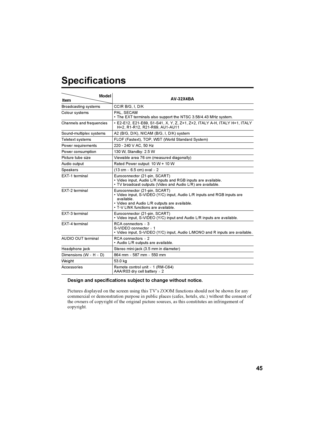 JVC AV-32X4BA manual Specifications, Design and specifications subject to change without notice 