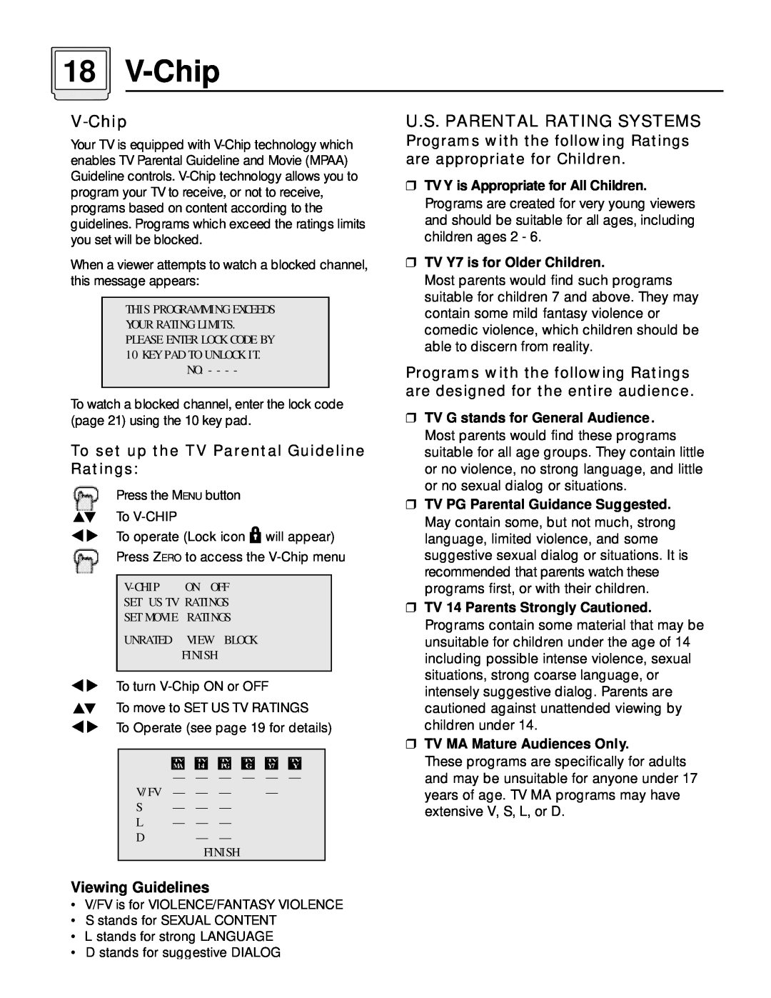 JVC AV 36120 manual V-Chip, U.S. Parental Rating Systems, To set up the TV Parental Guideline Ratings, Viewing Guidelines 